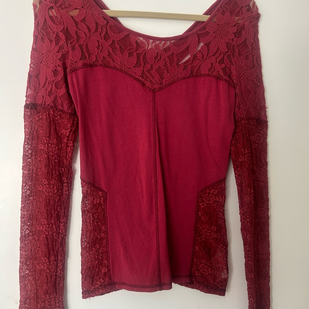 Free People Burgundy Lace Long Sleeve Blouse